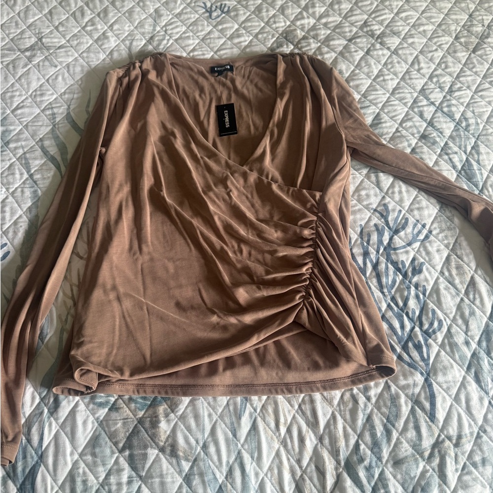 Express Brown Ruched Fitted Blouse